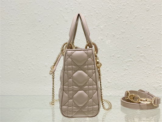 CD Mini Lady Di.or Bag Cannage Lambskin Gold Tone Metal Natural