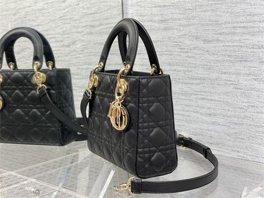 CD Small Lady Di.or Bag Cannage Grained Calfskin Gold Tone Metal Black