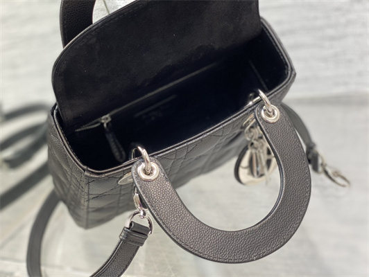 CD Small Lady Di.or Bag Cannage Grained Calfskin Silver Tone Metal Black