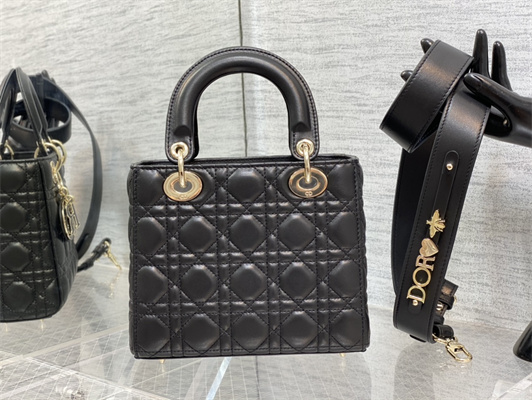 CD Small Lady Di.or My ABCDior Bag Cannage Lambskin Enamel Charms Gold Tone Metal Black