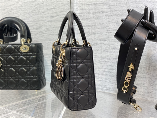 CD Small Lady Di.or My ABCDior Bag Cannage Lambskin Enamel Charms Gold Tone Metal Black