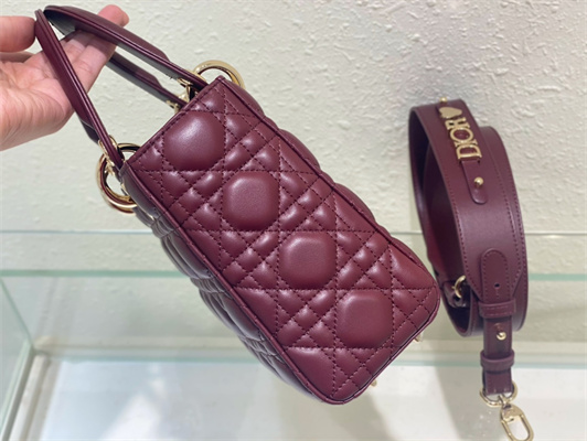 CD Small Lady Di.or My ABCDior Bag Cannage Lambskin Gold Tone Metal Burgundy