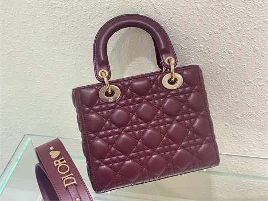 CD Small Lady Di.or My ABCDior Bag Cannage Lambskin Gold Tone Metal Burgundy