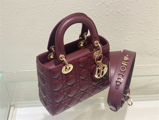 CD Small Lady Di.or My ABCDior Bag Cannage Lambskin Gold Tone Metal Burgundy