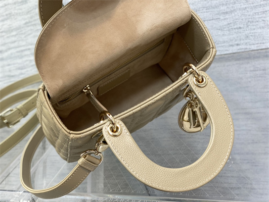 CD Small Lady Di.or Bag Cannage Grained Calfskin Gold Tone Metal  Beige