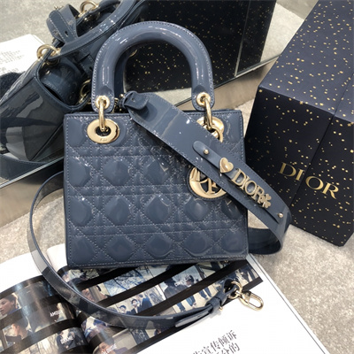 CD Small Lady Di.or My ABCDior Bag Patent Cannage Calfskin Gold Tone Metal Dk Blue