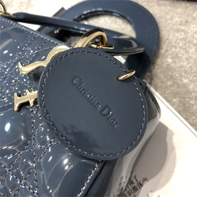 CD Small Lady Di.or My ABCDior Bag Patent Cannage Calfskin Gold Tone Metal Dk Blue