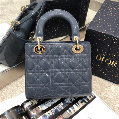 CD Small Lady Di.or My ABCDior Bag Patent Cannage Calfskin Gold Tone Metal Dk Blue
