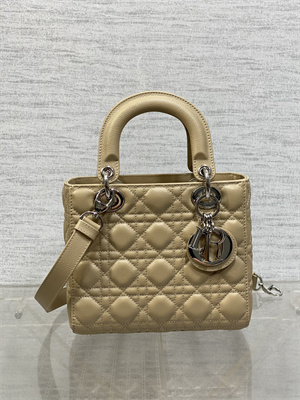 CD Small Lady Di.or Bag Cannage Grained Calfskin Silver Tone Metal Beige