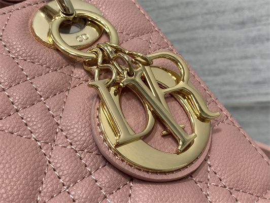 CD Small Lady Di.or Bag Cannage Grained Calfskin Gold Tone Metal Pink