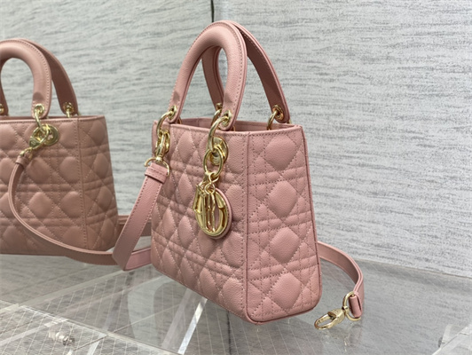 CD Small Lady Di.or Bag Cannage Grained Calfskin Gold Tone Metal Pink