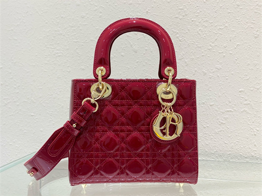 CD Small Lady Di.or My ABCDior Bag Patent Cannage Calfskin Gold Tone Metal Cherry Red