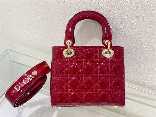 CD Small Lady Di.or My ABCDior Bag Patent Cannage Calfskin Gold Tone Metal Cherry Red