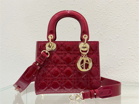CD Small Lady Di.or My ABCDior Bag Patent Cannage Calfskin Gold Tone Metal Cherry Red