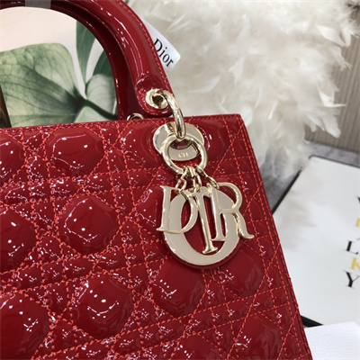 CD Medium Lady Di.or Bag Patent Cannage Calfskin Gold Tone Metal Red