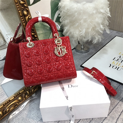 CD Medium Lady Di.or Bag Patent Cannage Calfskin Gold Tone Metal Red