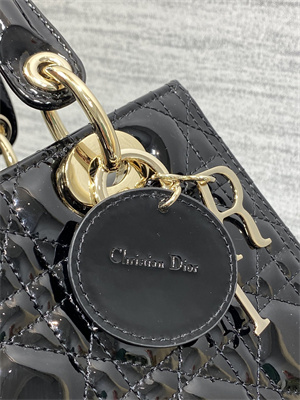CD Medium Lady Di.or Bag Patent Cannage Calfskin Gold Tone Metal Black