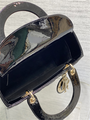 CD Medium Lady Di.or Bag Patent Cannage Calfskin Gold Tone Metal Black