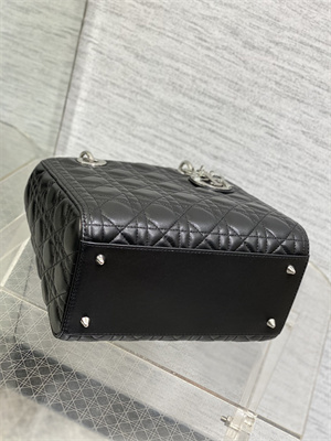 CD Medium Lady Di.or Bag Cannage Lambskin Silver Tone Metal Black