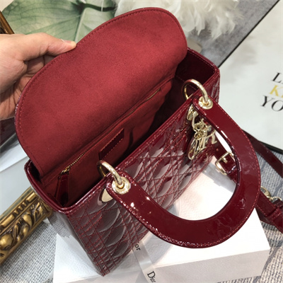 CD Medium Lady Di.or Bag Patent Cannage Calfskin Gold Tone Metal Dk Green