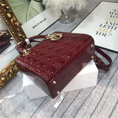 CD Medium Lady Di.or Bag Patent Cannage Calfskin Gold Tone Metal Dk Green