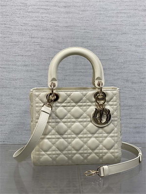 CD Medium Lady Di.or Bag Cannage Grained Calfskin Gold Tone Metal Cream