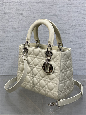 CD Medium Lady Di.or Bag Cannage Grained Calfskin Silver Tone Metal Cream