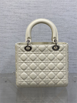 CD Medium Lady Di.or Bag Cannage Grained Calfskin Silver Tone Metal Cream