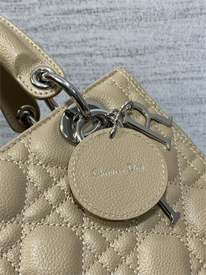 CD Medium Lady Di.or Bag Cannage Grained Calfskin Silver Tone Metal Beige