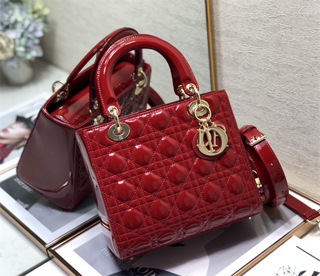 CD Medium Lady Di.or Bag Patent Cannage Calfskin Gold Tone Metal Cherry Red