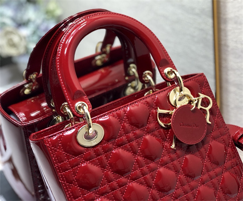 CD Medium Lady Di.or Bag Patent Cannage Calfskin Gold Tone Metal Cherry Red