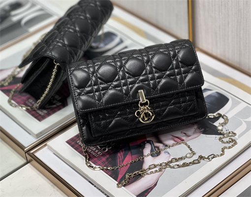 CD Miss Dior Chain Pouch Cannage Lambskin Black