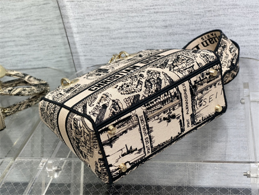 CD Medium Lady Di.or D-Lite Bag Plan de Paris Embroidery Beige and Black