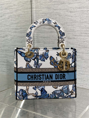 CD Medium Lady Di.or D-Lite Bag Toile de Jouy Mexico Embroidery White And Pastel Midnight Blue