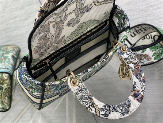 CD Medium Lady Di.or D-Lite Bag Toile de Jouy Embroidery Green Multicolor