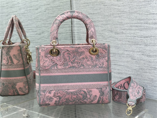 CD Medium Lady Di.or D-Lite Bag Toile de Jouy Embroidery Pink And Grey
