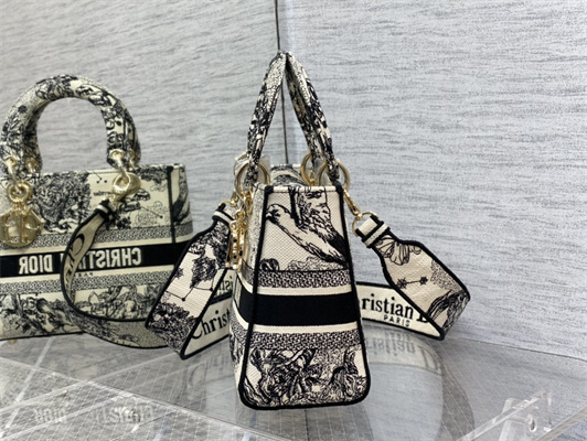 CD Medium Lady Di.or D-Lite Bag Toile de Jouy Zodiac Embroidery Latte And Black