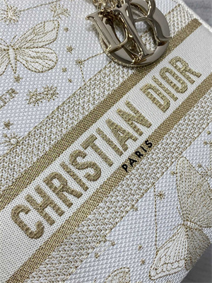 CD Medium Lady Di.or D-Lite Bag Butterfly Zodiac Embroidery Gold Tone and White