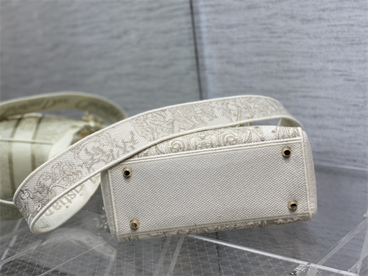 CD Medium Lady Di.or D-Lite Bag Around The World Stella Embroidery Gold Tone and White