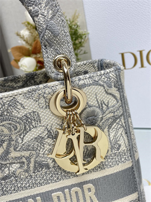 CD Medium Lady Di.or D-Lite Bag Toile de Jouy Embroidery White and Grey