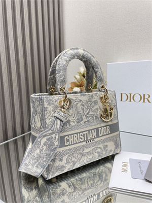 CD Medium Lady Di.or D-Lite Bag Toile de Jouy Embroidery White and Grey