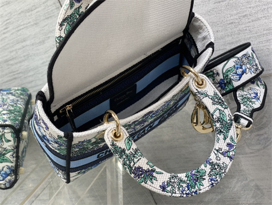CD Medium Lady Di.or D-Lite Bag Toile de Jouy Embroidery White Multicolor