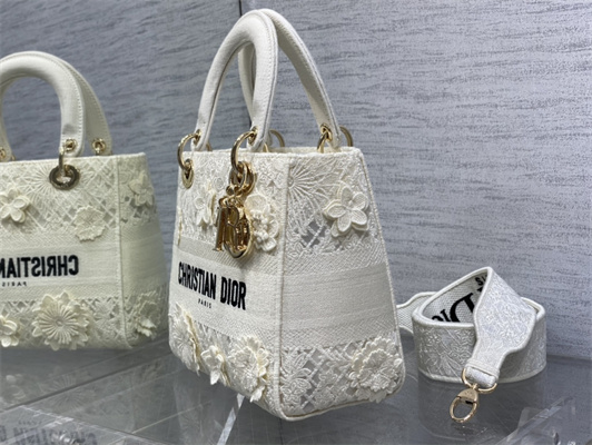 CD Medium Lady Di.or D-Lite Bag White D-Lace Embroidery With 3D Macrame Eeffect