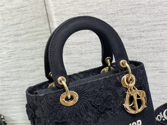 CD Medium Lady Di.or D-Lite Bag Black D-Lace Embroidery With 3D Macrame Eeffect