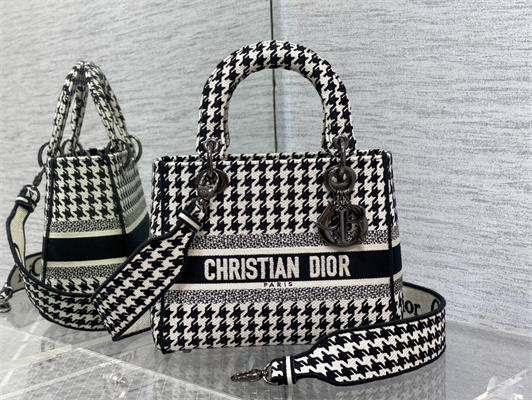 CD Medium Lady Di.or D-Lite Bag Black And Whtie Houndstooth Embroidery