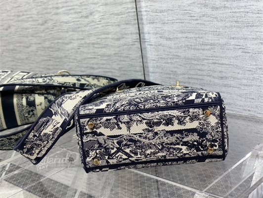 CD Medium Lady Di.or D-Lite Bag Toile de Jouy Embroidery Stripes White and Blue