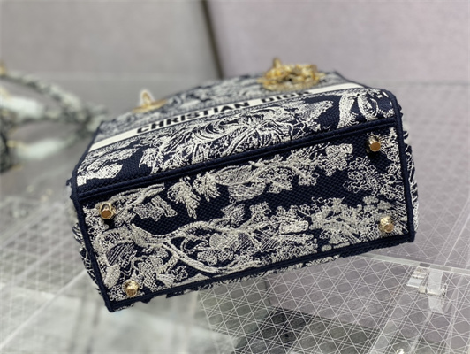 CD Medium Lady Di.or D-Lite Bag Toile de Jouy Embroidery Blue and White