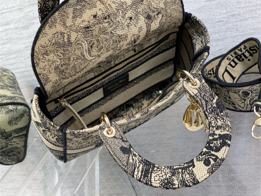 CD Medium Lady Di.or D-Lite Bag Toile de Jouy Embroidery Beige and Black