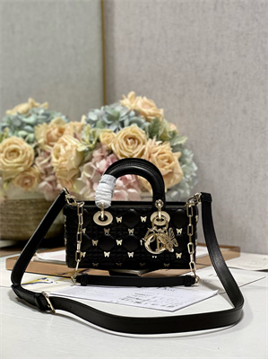 CD Small Lady D-Joy Bag Cannage Lambskin With Golden Butterfly Gold Tone Metal Black