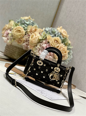 CD Small Lady D-Joy Bag Cannage Lambskin With Golden Butterfly Gold Tone Metal Black